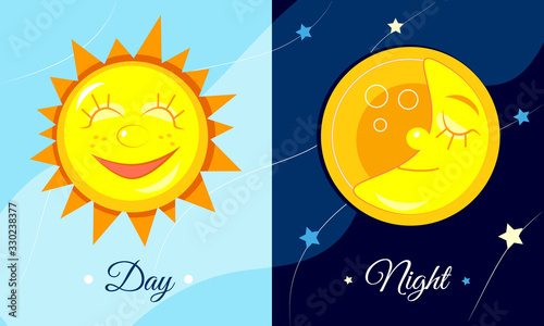 Image of a change of day and night, vector illustration with the sun and moon in the sky, smiling characters on a dark background, a blank for a child’s illustration