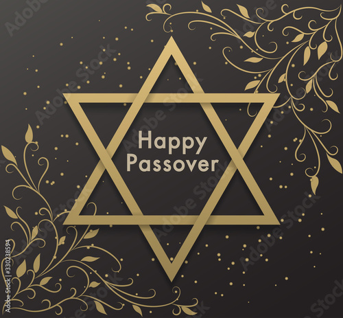 Premium happy Passover jewish lettering. Abstract vector background with the Star of David. Spring gold floral illustration