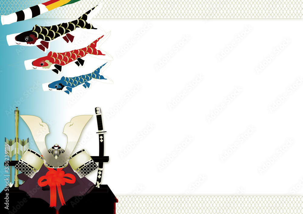 5月の端午の節句のイラスト兜に刀と矢羽の飾りに鯉のぼりの横スタイル背景素材 Stock Illustration Adobe Stock