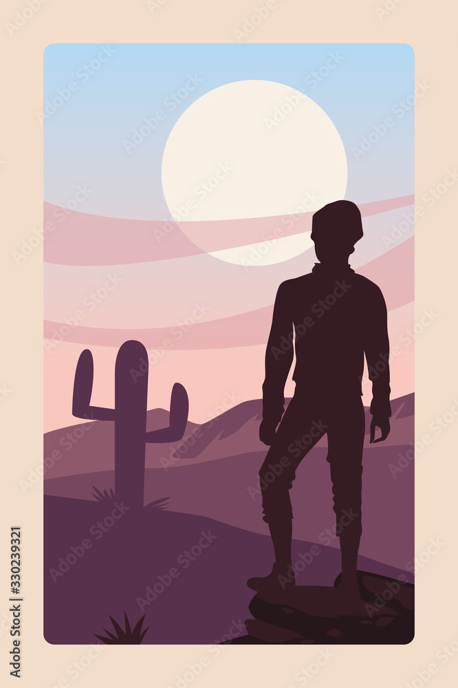 Fototapeta premium beautiful landscape with male traveler silhouette scene