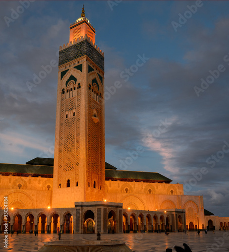 Hassan II Mosque and minaret in Casablanca Morocco at dusk