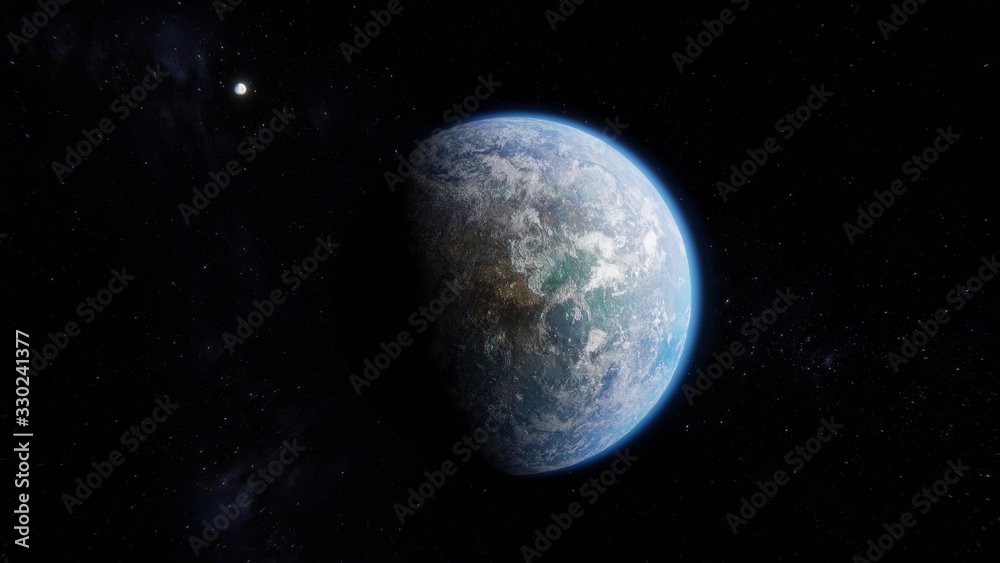 Blue and Beautiful Habitable Alien Earth Like Exoplanet with Moon in Space