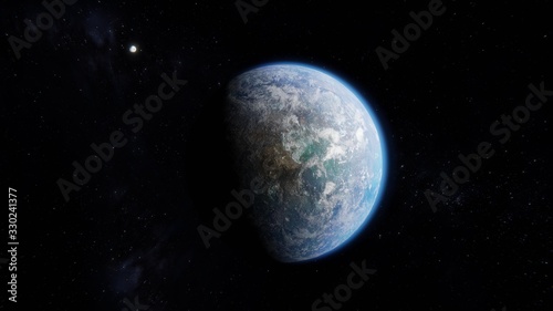 Fototapeta Naklejka Na Ścianę i Meble -  Blue and Beautiful Habitable Alien Earth Like Exoplanet with Moon in Space