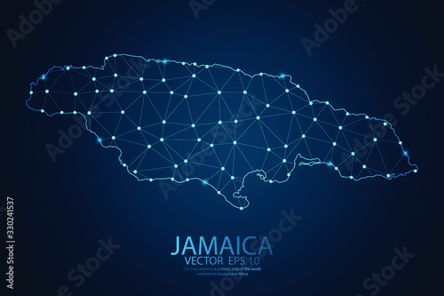 Abstract mash line and point scales on dark background with map of Jamaica. Wire frame 3D mesh polygonal network line, design sphere, dot and structure. Vector illustration eps 10.