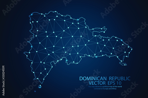 Abstract mash line and point scales on dark background with map of Dominican Republic. Wire frame 3D mesh polygonal network line, design sphere, dot and structure. Vector illustration eps 10.