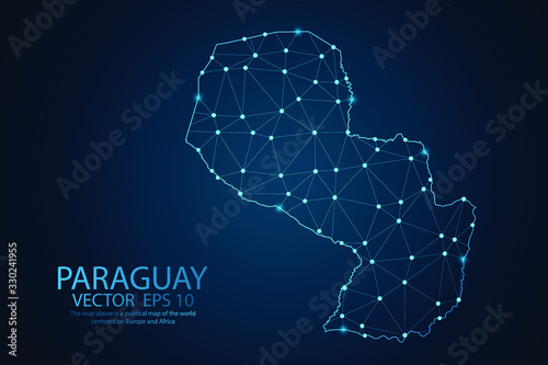 Abstract mash line and point scales on dark background with map of Paraguay. Wire frame 3D mesh polygonal network line, design sphere, dot and structure. Vector illustration eps 10.