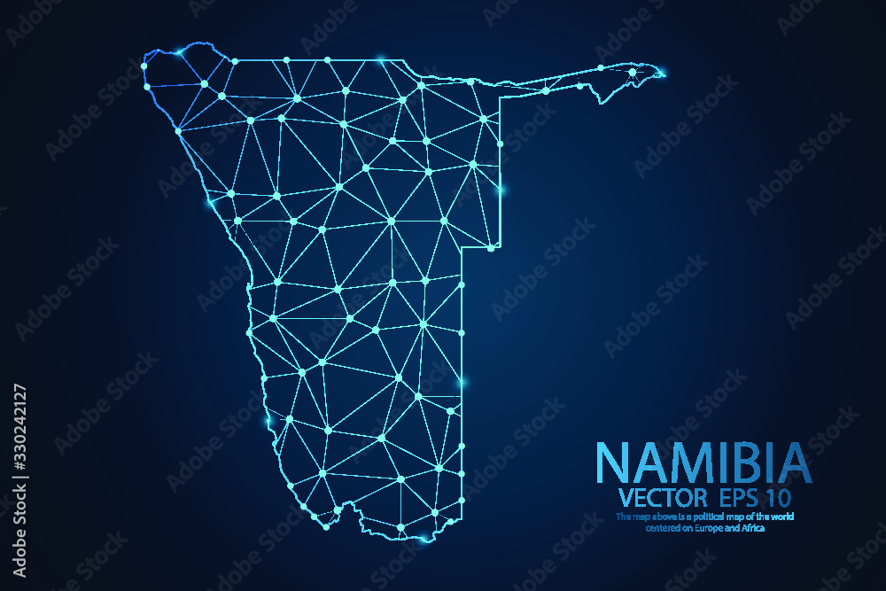 Abstract mash line and point scales on dark background with map of Namibia. Wire frame 3D mesh polygonal network line, design sphere, dot and structure. Vector illustration eps 10.