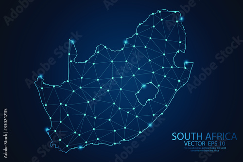 Abstract mash line and point scales on dark background with map of South africa Fototapet