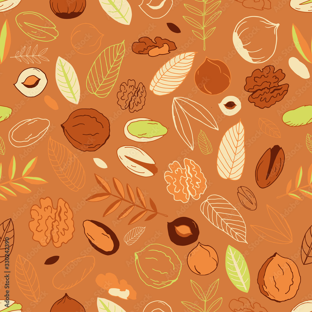 Seamless pattern with walnuts, pistachios with hazelnuts and leaves on a brown background. Scrawl. Whole nuts, peeled and unpeeled. Vector illustration Seamless pattern with walnuts, pistachios with hazelnuts and leaves on a brown background. Scrawl. Whole nuts, peeled and unpeeled. Vector illustration