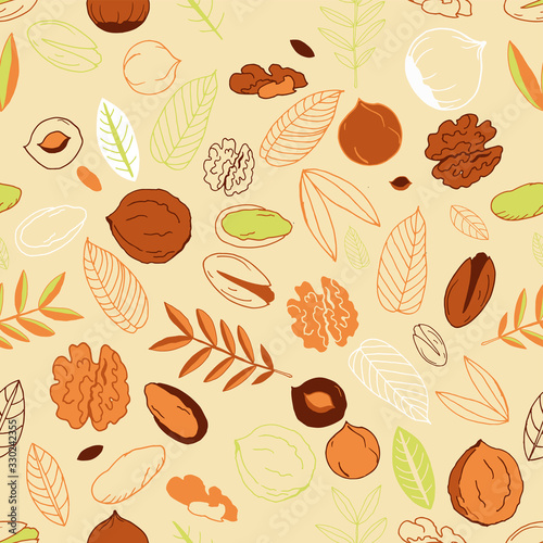 Seamless pattern with walnuts, pistachios with hazelnuts and leaves on a light background. Scrawl. Whole nuts, peeled and unpeeled. Vector illustration