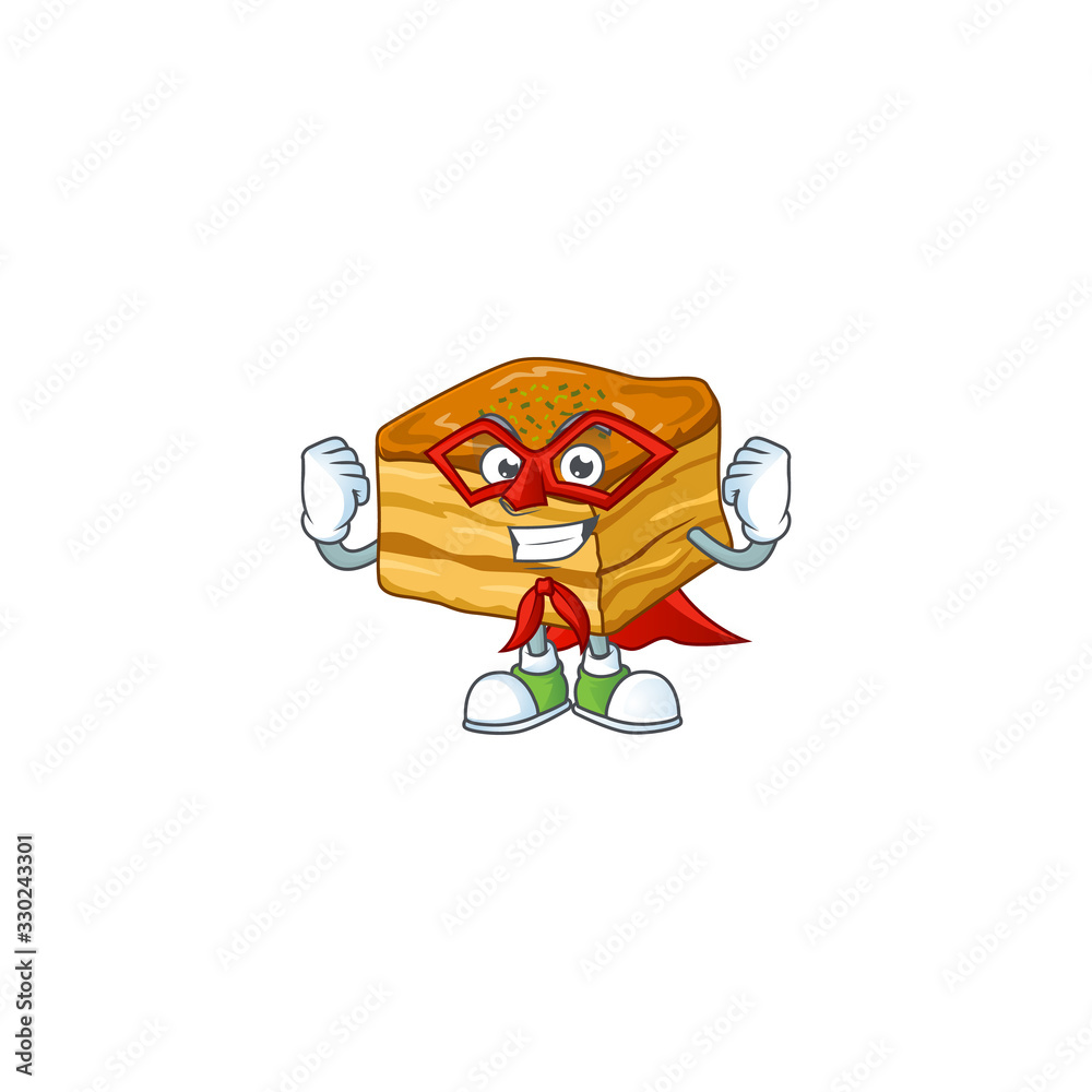 A picture of baklava dressed as a Super hero cartoon character