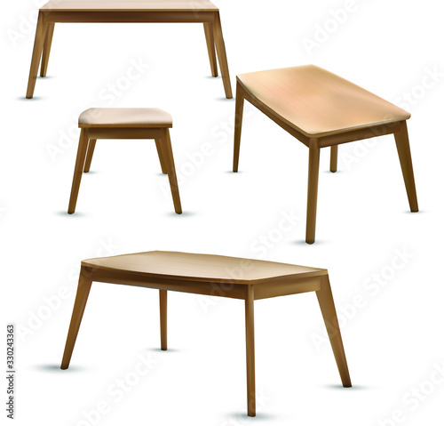 Realistic Wooden Table and Bench Icon Set