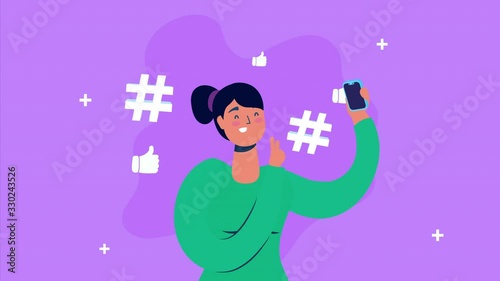 woman using smartphone and social media icons