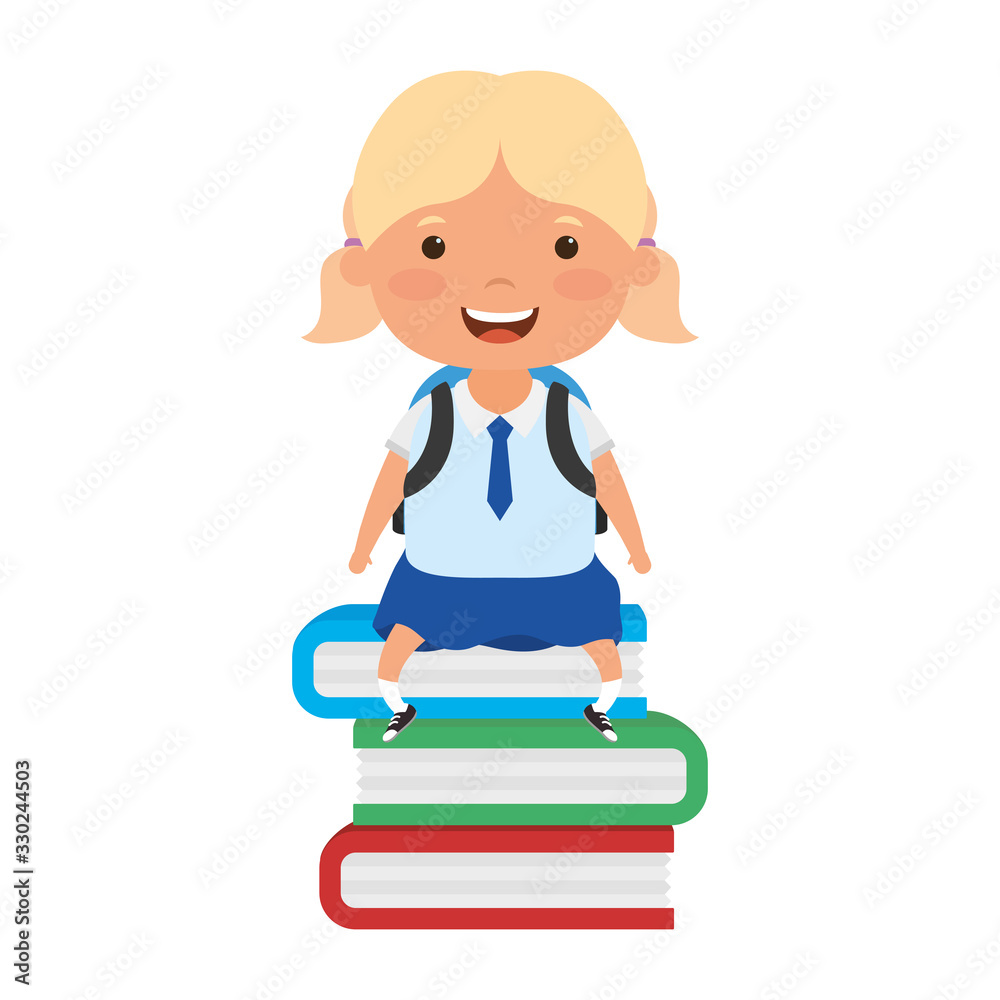 cute little student blond girl seated in books