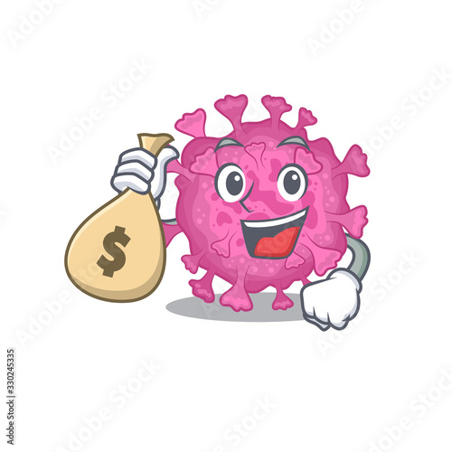 Smiley rich corona virus organic cartoon character bring money bags