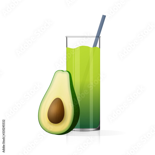 A glass of avocado juice. Smoothies. Half avocado with bone. Isolated on a white background. Vector illustration.
