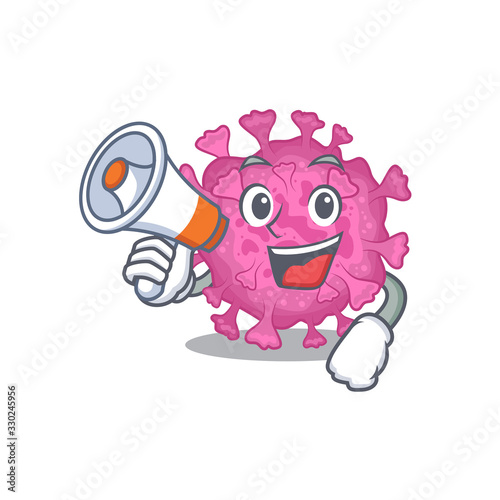 An icon of corona virus organic holding a megaphone