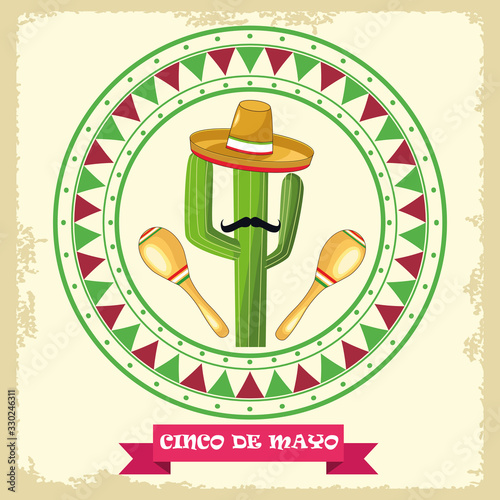 cinco de mayo celebration with cactu and mexican hat circular frame