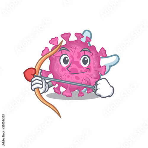 Romantic picture of corona virus organic Cupid cartoon character with arrow and wings