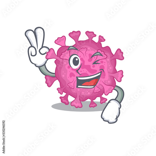 Cheerful corona virus organic mascot design with two fingers