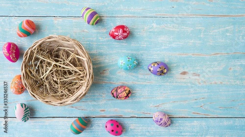 Easter eggs in basket, color plate and flower stop motion animation.