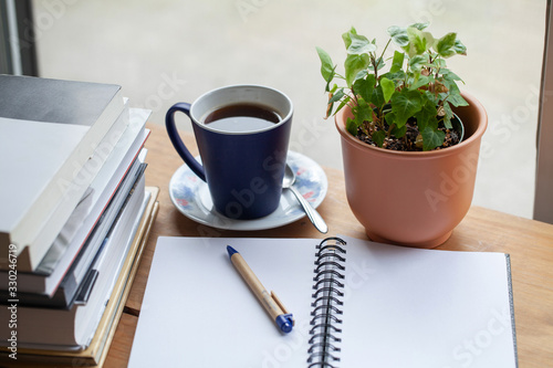 A note book is surround by a pile of books, a cup of coffee and a pot of ivy. A combination of these elements suggests a break after study.