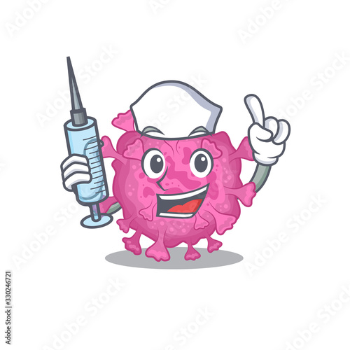 Friendly nurse of corona virus organic mascot design holding syringe