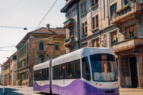 Old town street with modern tram in Timisoara, Romania