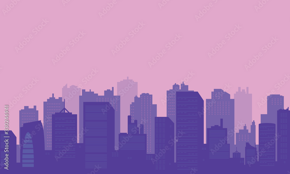 Silhouette of a city with a purple sky gradient.