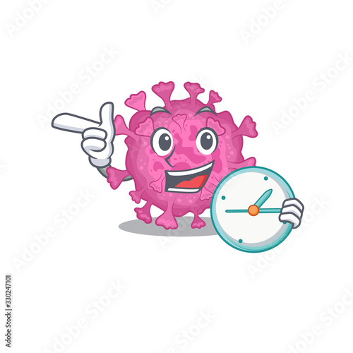 Cheerful corona virus organic cartoon character style with clock
