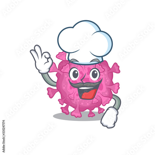 Cute corona virus organic cartoon character wearing white chef hat