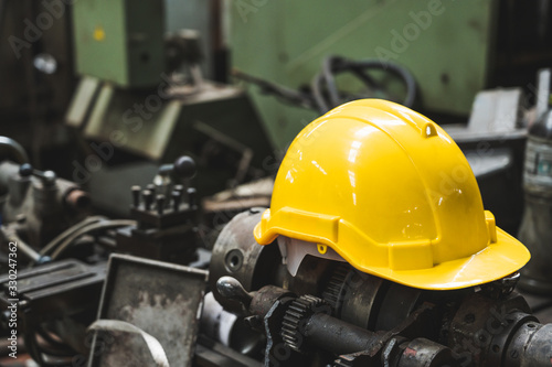 Safety helmets in the industrial. Warehouse worker hard hat.