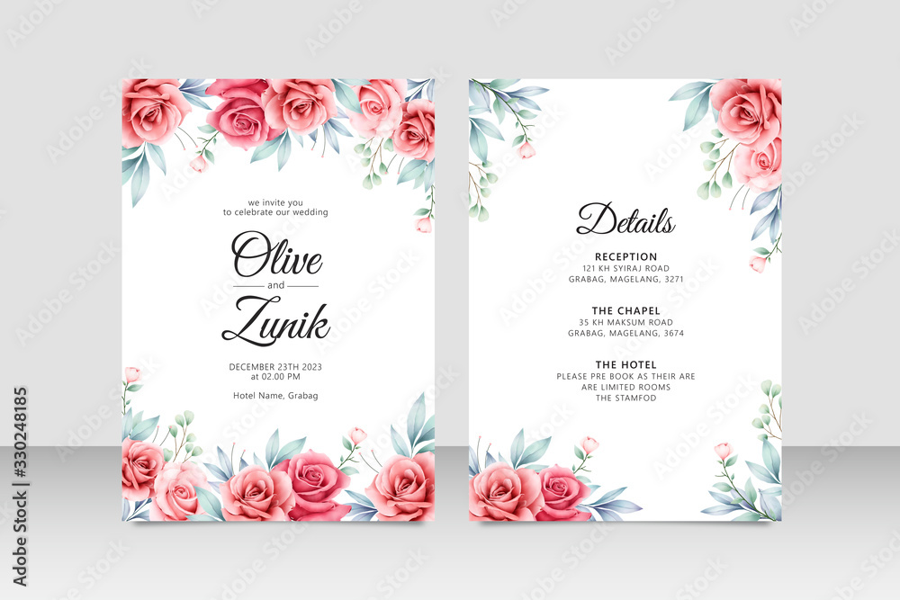 Beautiful weddig card template with roses flowers watercolor