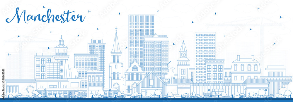 Outline Manchester New Hampshire City Skyline with Blue Buildings.