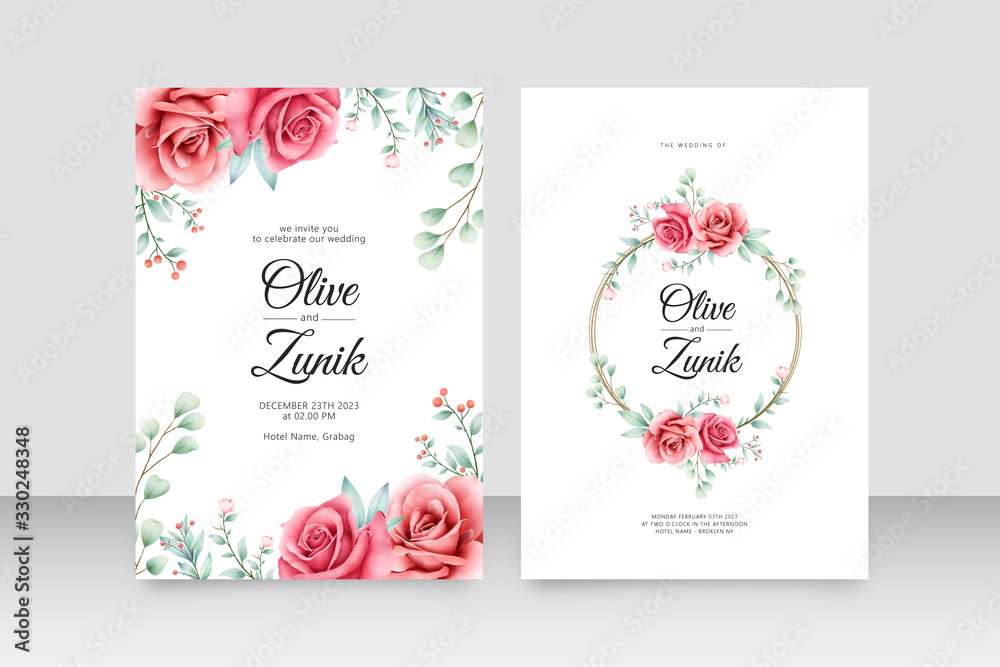 Wedding invitation template with wreath floral watercolor