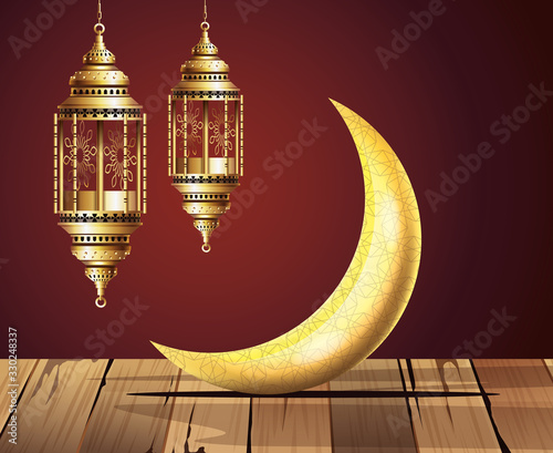ramadan kareem celebration with lanterns hanging and moon