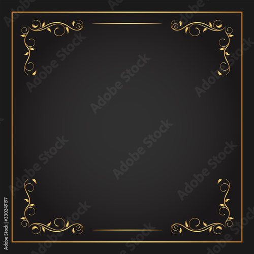 Vintage floral ornament border, Hand drawn decorative element, vector illustration of gold floral frame with black background, Retro design template for page decoration cards, wedding, banner