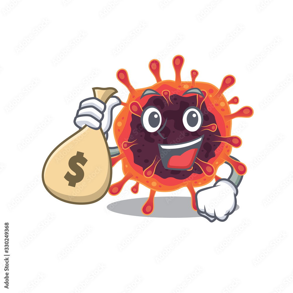 Smiley rich corona virus zone cartoon character bring money bags
