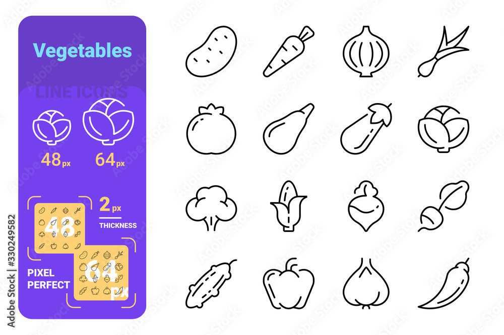 Set vegetables simple lines icons of fresh products.