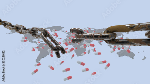 3d rendering of Colorful medicine pills supply chain broken