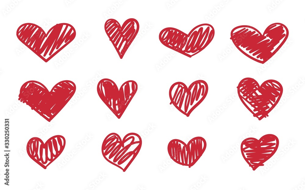 Heart doodle icon set. Hand drawn scribble hearts. Vector red love symbol sketch Heart doodle icon set. Hand drawn scribble hearts. Vector red love symbol sketch