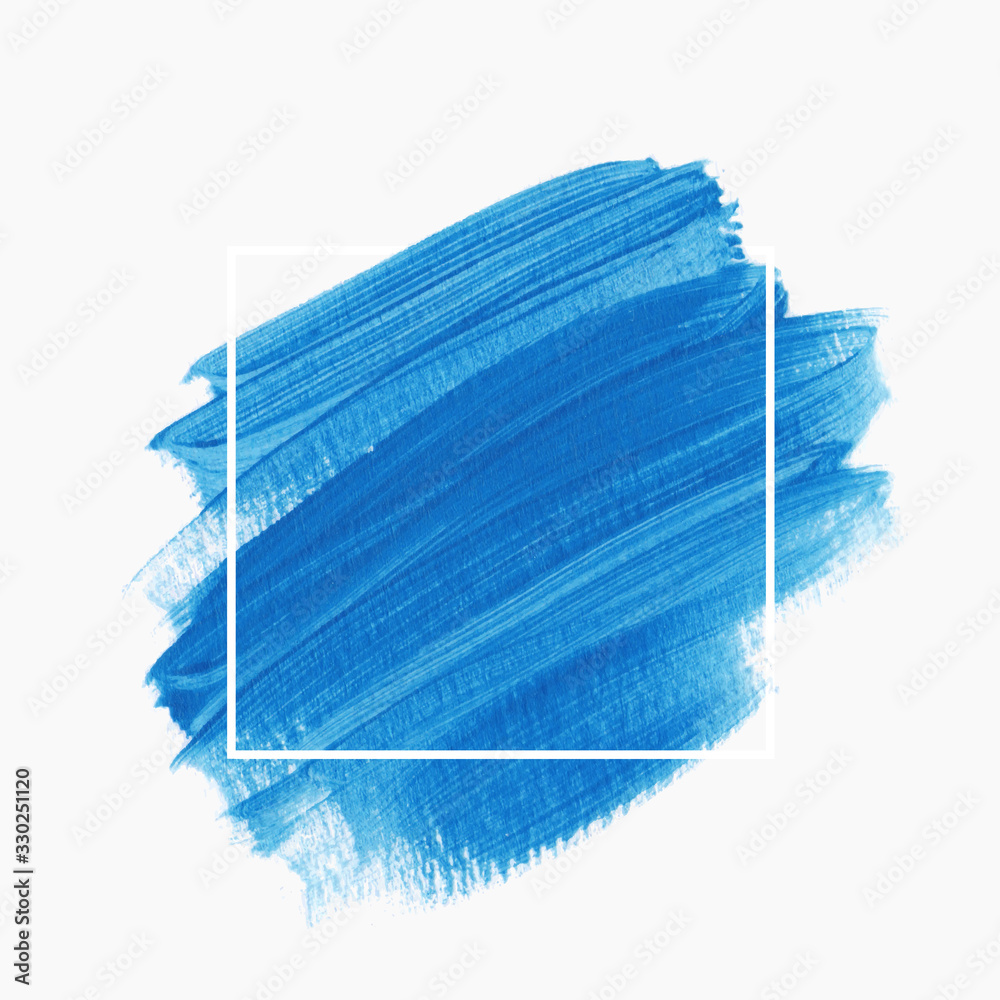 Fototapeta premium Art brush stroke paint abstract shape background over square frame - Vector. Creative blue design logo artwork.