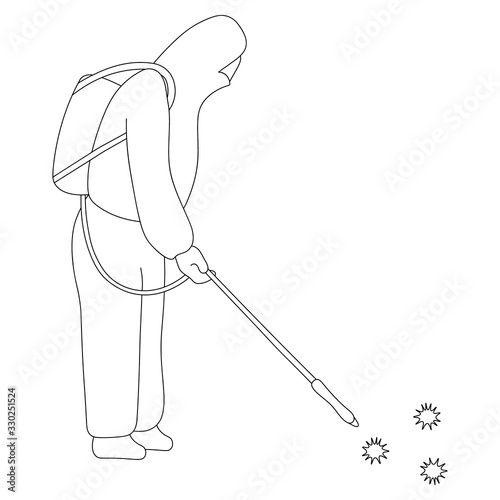 The specialist disinfects the air from the coronavirus infection COVID-19. Sketch. Vector illustration. Outline on an isolated background. Coloring book. Disinfector in mask and protective suit.