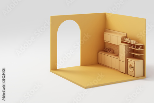 Set of  yellow furniture mock up and isometric wall 3d rendering