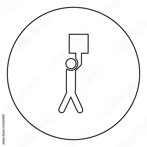 Man carries load in his arms above himself Stick work on delivery parcel icon in circle round outline black color vector illustration flat style image