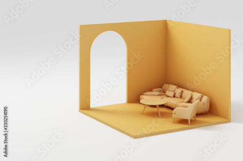 Set of  yellow furniture mock up and isometric wall 3d rendering