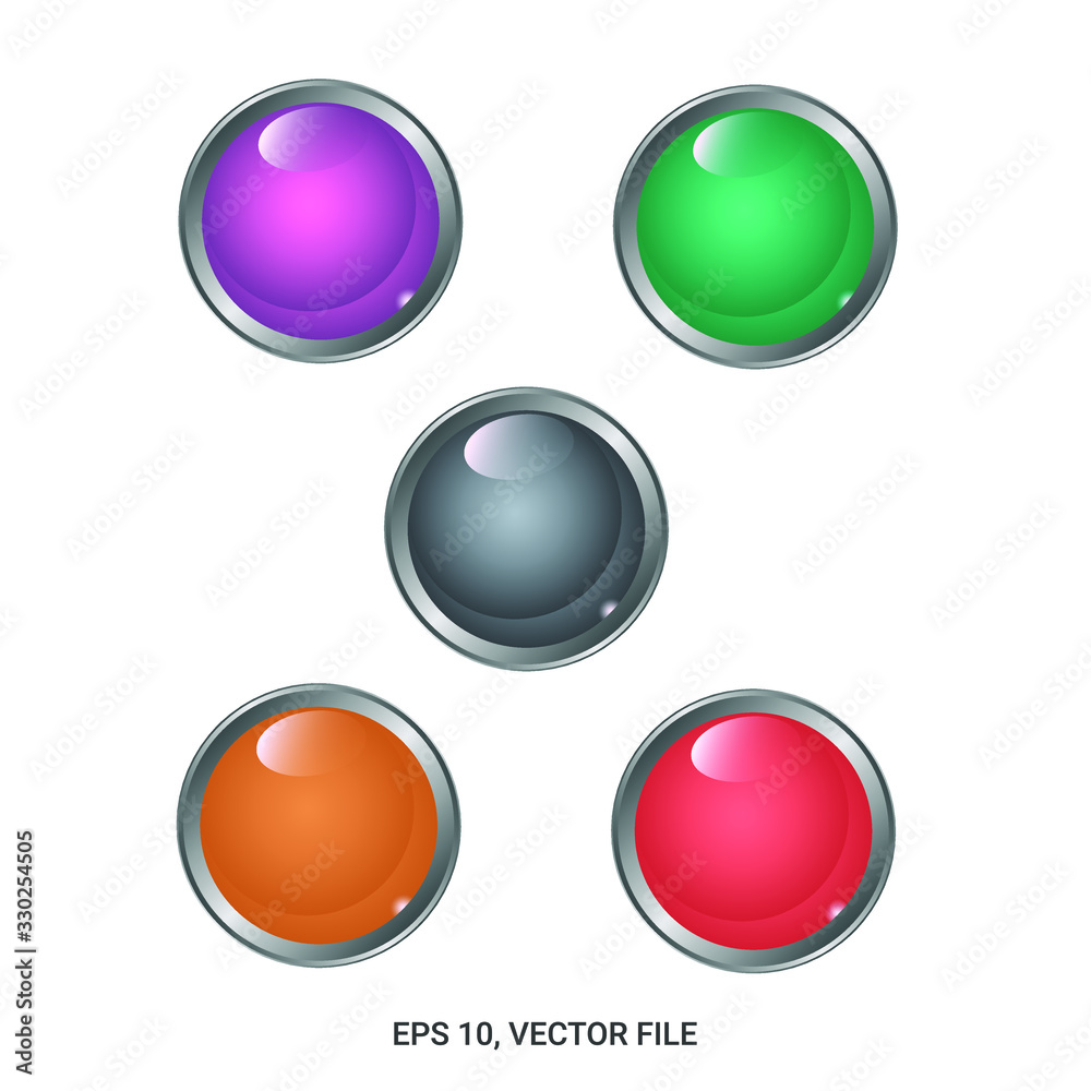 Set of shiny glass button with red, orange, black,purple, and green color. Flat design vector Set of shiny glass button with red, orange, black,purple, and green color. Flat design vector
