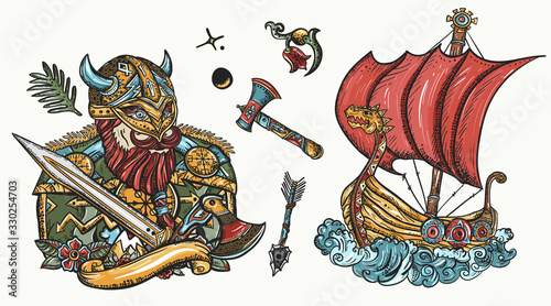 Vikings. Tattoo collection. Medieval barbarian and long boat. Northern history. Scandinavian culture. Traditional tattooing style. Valhalla art