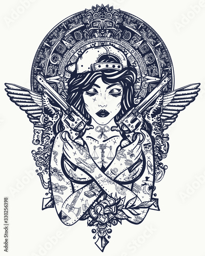 Bad girl, crossed guns, wings and mayan sun. Criminal street culture art. Favela style. Swag. Hip-hop and rap lifestyle. Cool gangster tattooed woman in baseball cap photo