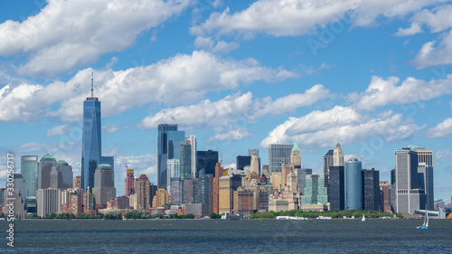 New York  NY  USA. Amazing skyline of Manhattan skyscrapers and buildings from Ellis Island